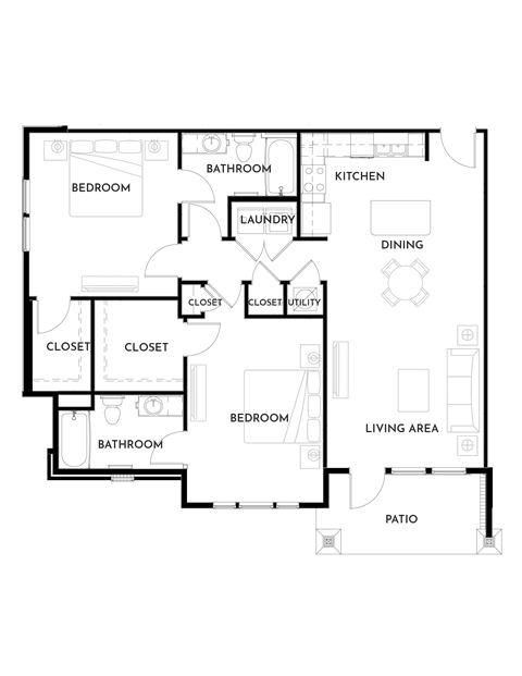 2BR 2BA (1162 SF) Floor Plan at The Villas at Germantown, Memphis, 38125